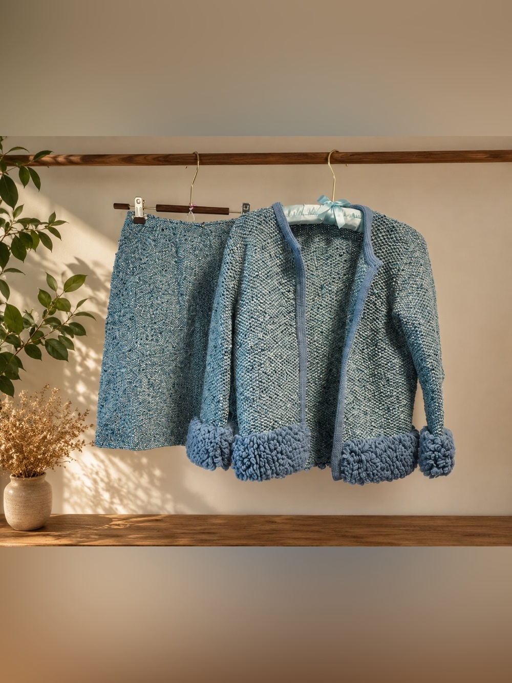 🩵 Vintage Teal Seafoam Bouclé Skirt & Jacket Set XS Cottage Chic Textured Knit